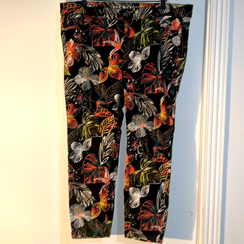 Love & Legend black stretch denim with tropical print - worn 2 - 3 times at most
